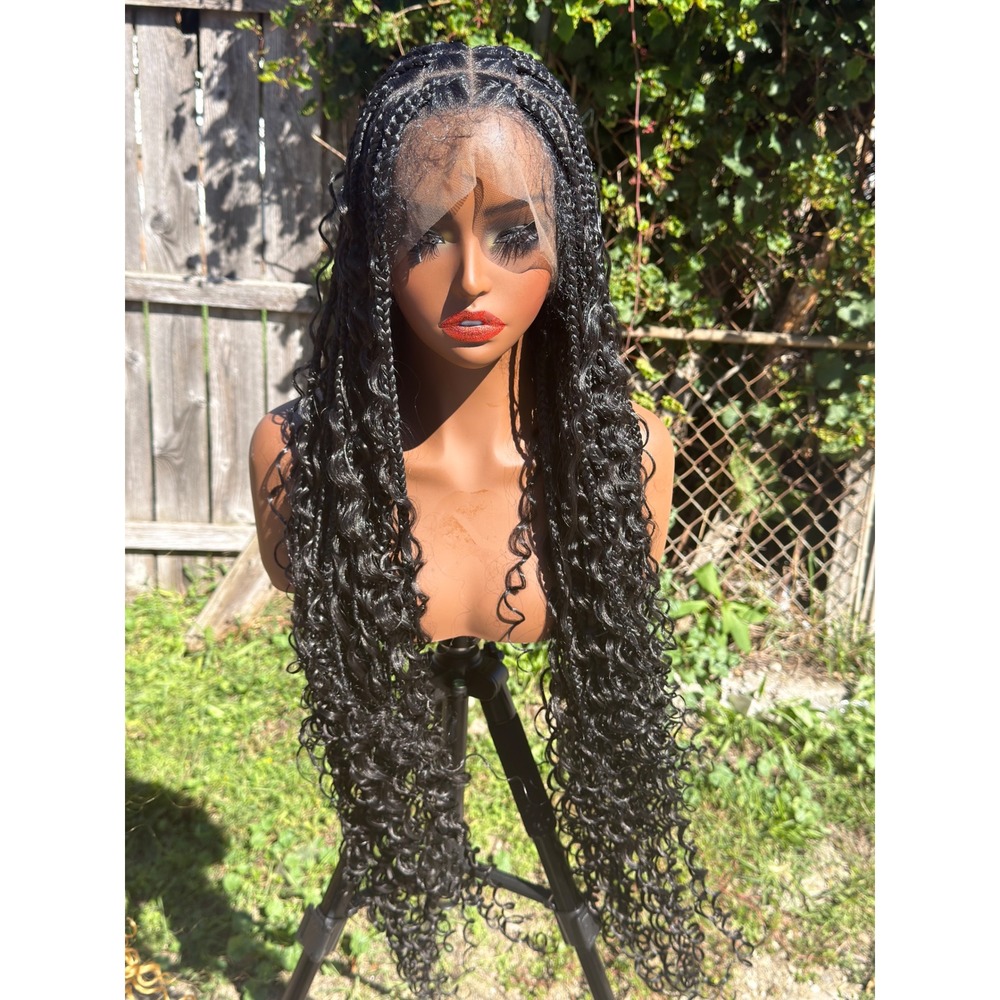 36" Boho Braided Natural Black Full Lace Synthetic Baby Hair Knotless Wig
